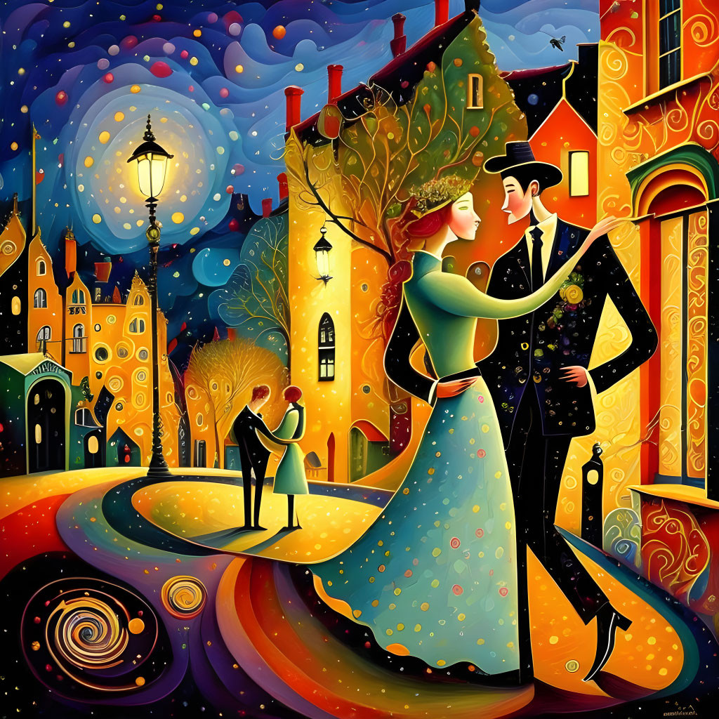 Colorful painting: Couple embracing in vibrant cityscape at night