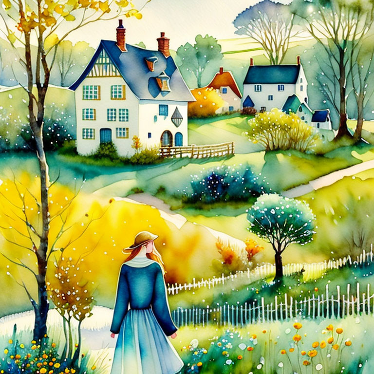 Colorful Watercolor Painting: Woman in Blue Dress Admiring Countryside