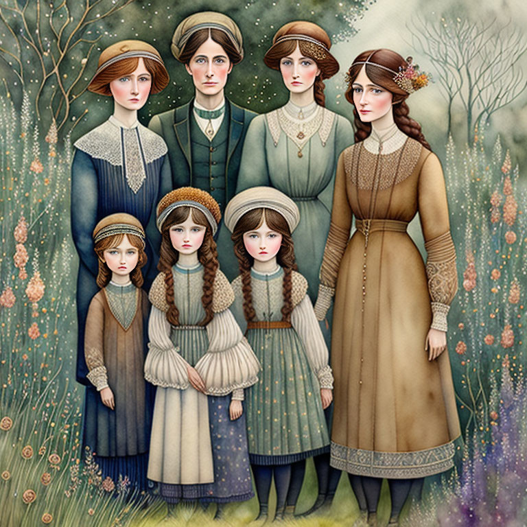 Vintage Family Portrait: Two Women, One Man, Three Girls in Period Clothing in Field with Flowers