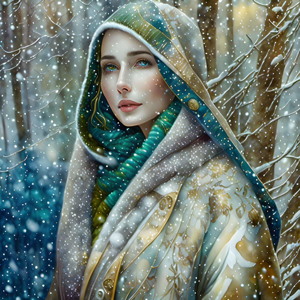 Woman in decorative hooded cloak in serene snowfall