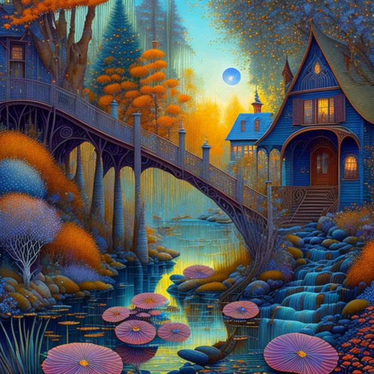 Colorful fantasy artwork: whimsical house by river, bridge, vibrant trees, flowers, luminous