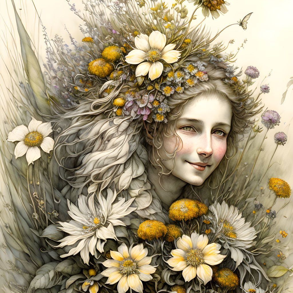 Serene woman with wildflower crown in lush flora scene