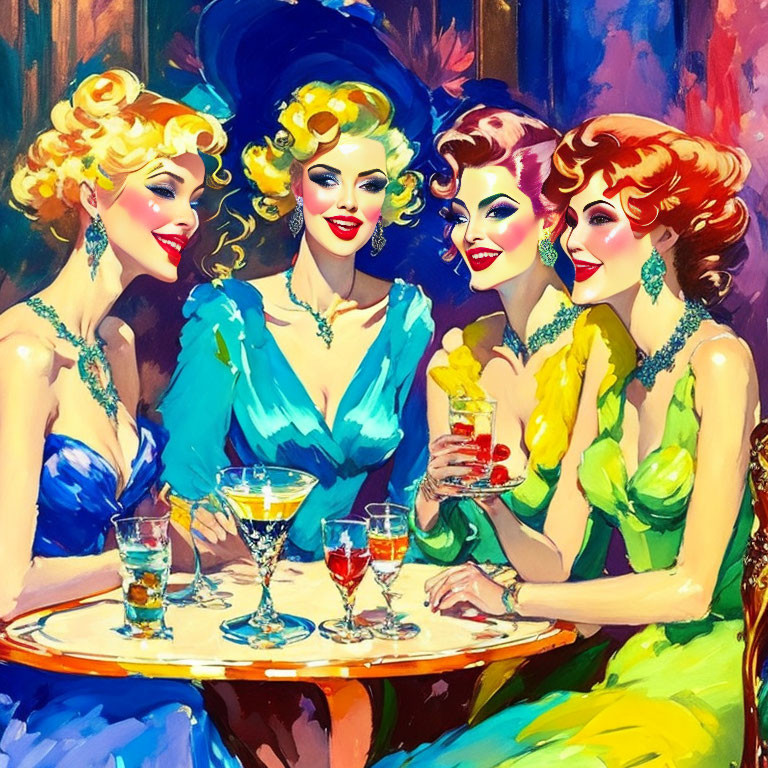 Four stylish women with vibrant makeup and retro hairstyles at a colorful bar.