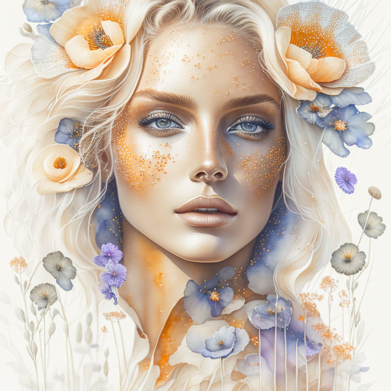 Digital art portrait of a woman with pale skin, blue eyes, white hair, adorned with flowers and