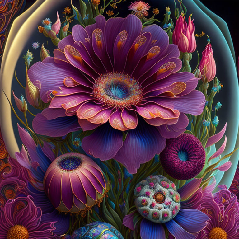 Colorful digital artwork: Detailed purple flower with stylized botanical elements