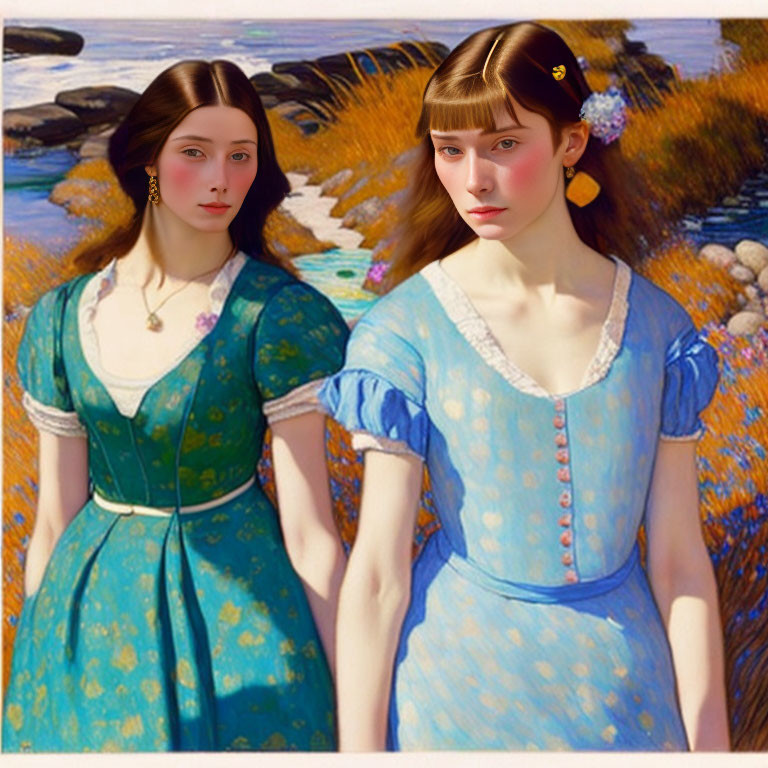 Two women in vintage dresses by the sea in green and blue with classic hairstyles