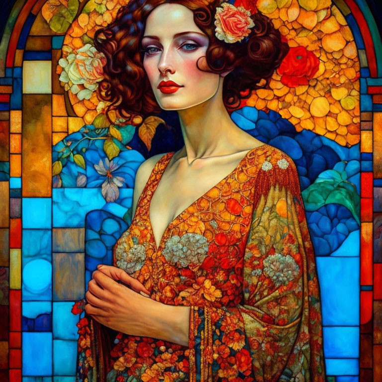 Colorful painting of woman with auburn hair in floral dress against stained glass backdrop.