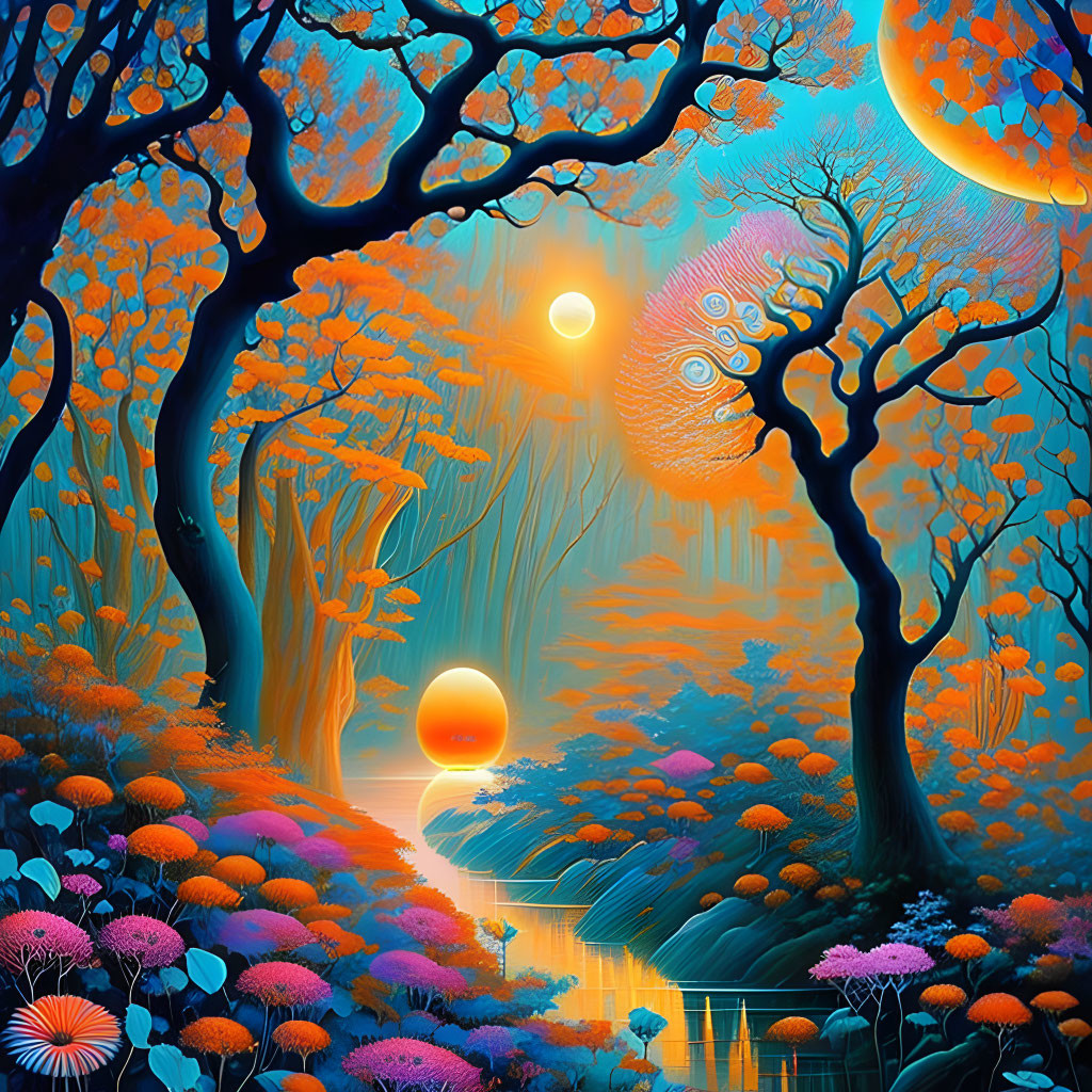 Colorful Fantasy Landscape with Sun, Moons, Trees, River, and Flora