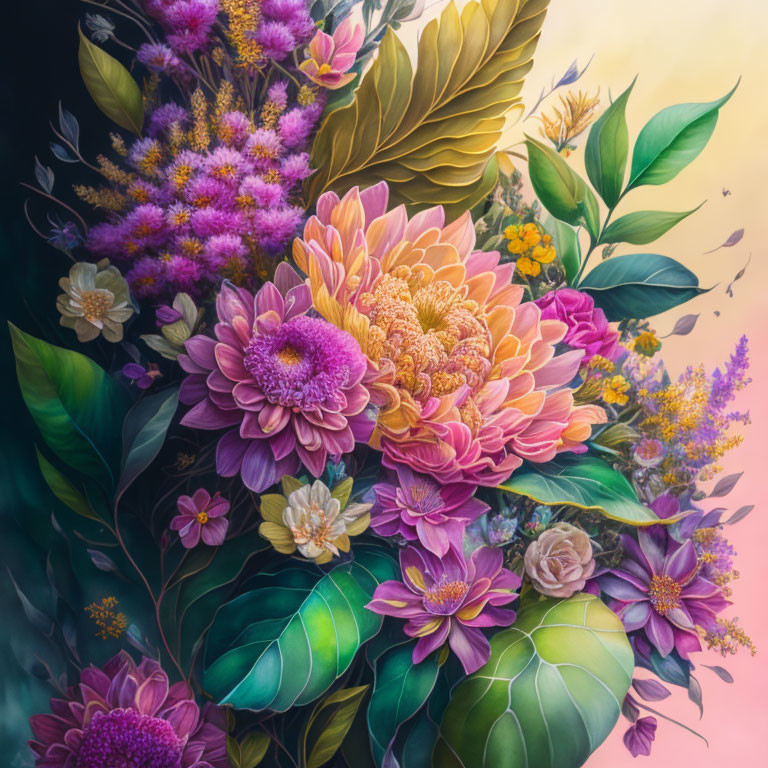 Colorful Floral Painting in Pink and Purple with Green Foliage