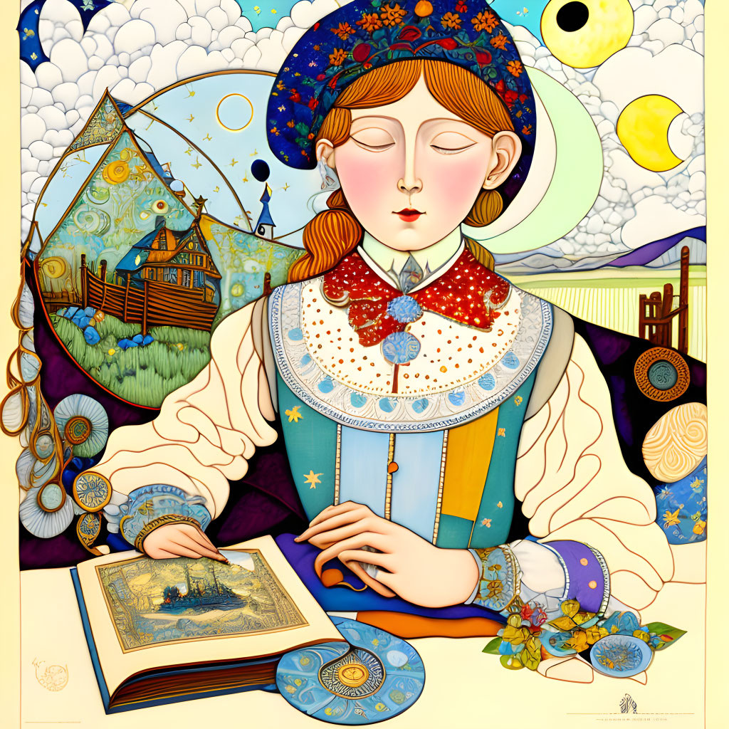 Detailed Folkloric Woman Illustration with Book & Celestial Patterns