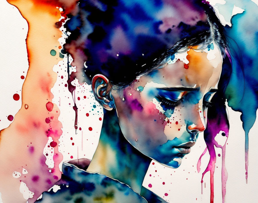 Vibrant watercolor illustration of a woman with bleeding colors