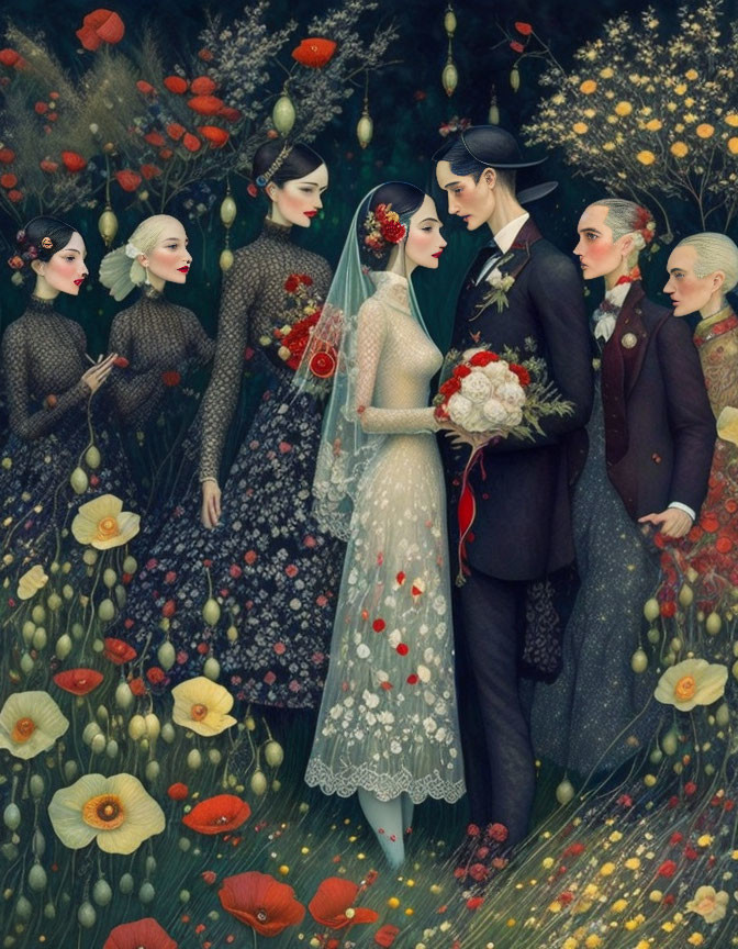 Vintage wedding scene with bride, groom, and guests in floral setting