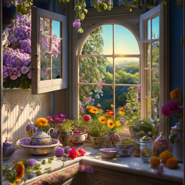 Window scene with colorful flowers and tea crockery in warm sunlight