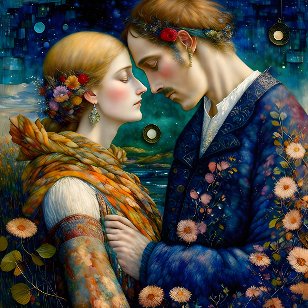 Illustrated Couple Embracing with Floral Patterns on Clothing