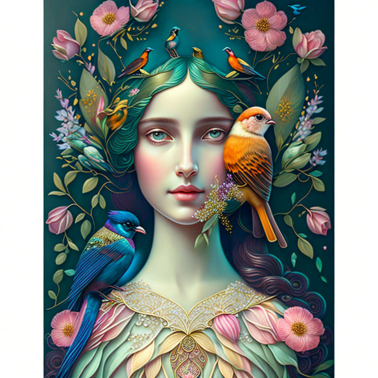 Detailed illustration of woman with birds and floral motifs
