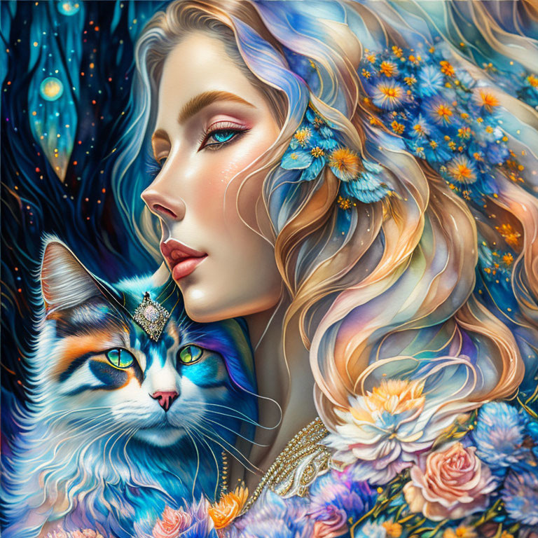 Colorful cat and floral woman in starry setting