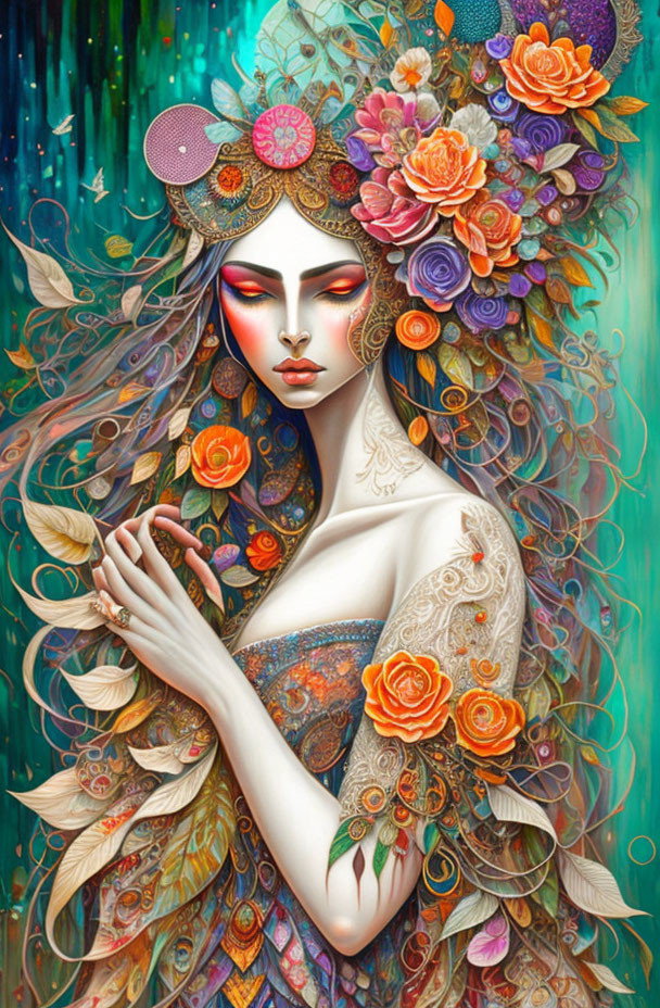 Illustrated woman with floral headdress and tattoo-like body art in vibrant nature scene