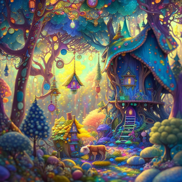 Colorful forest with treehouses, orbs, flora, and a walking tiger