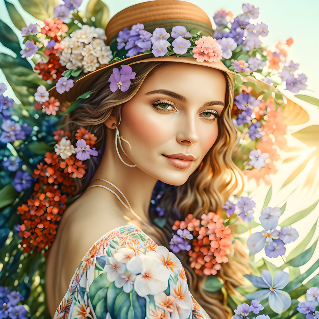 Digital artwork: Woman in floral hat and dress among vibrant flowers