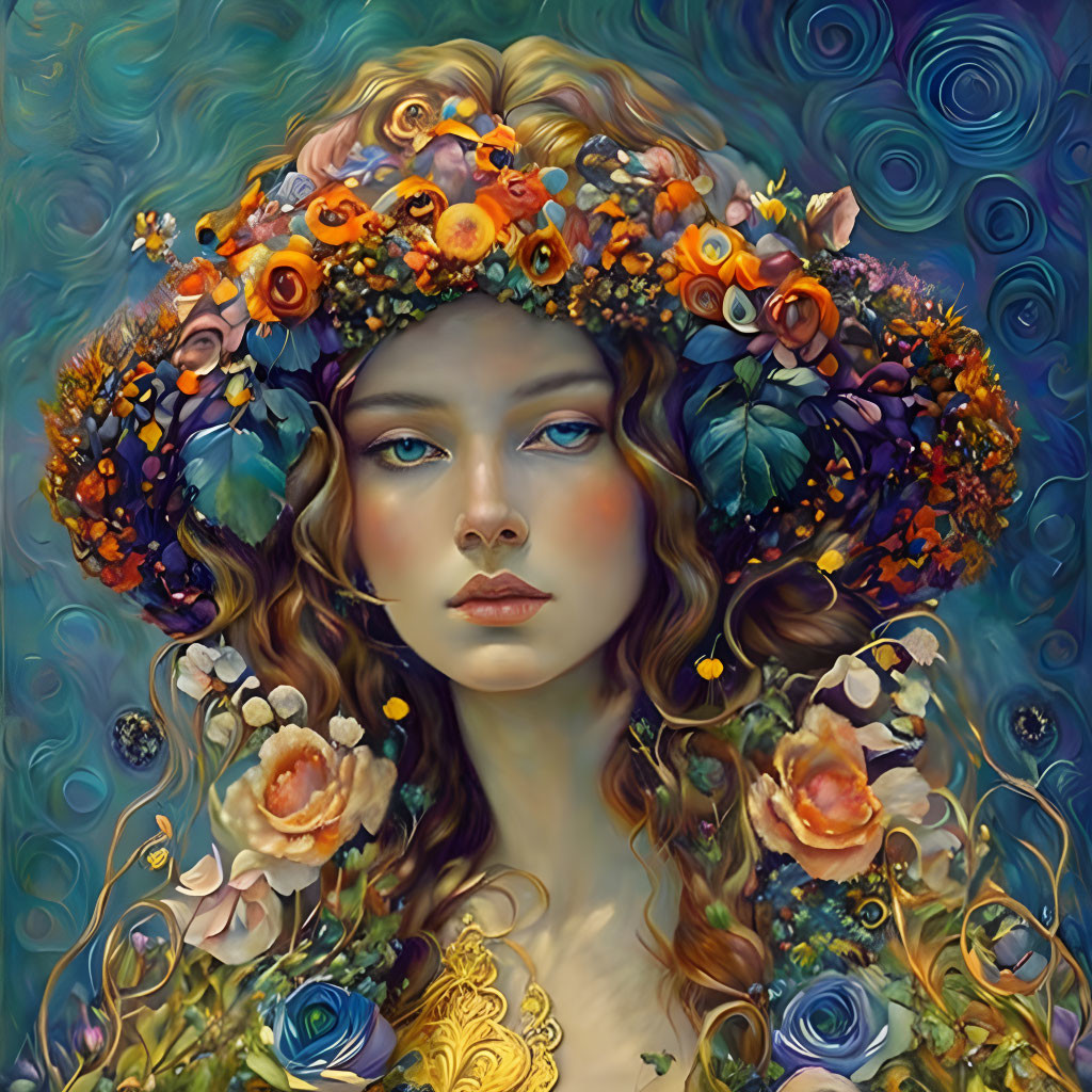 Vibrant floral crown on surreal woman in lush blues and oranges