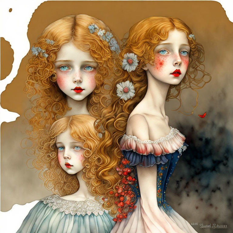 Surreal female figures with flowing hair and blue eyes in dreamlike setting