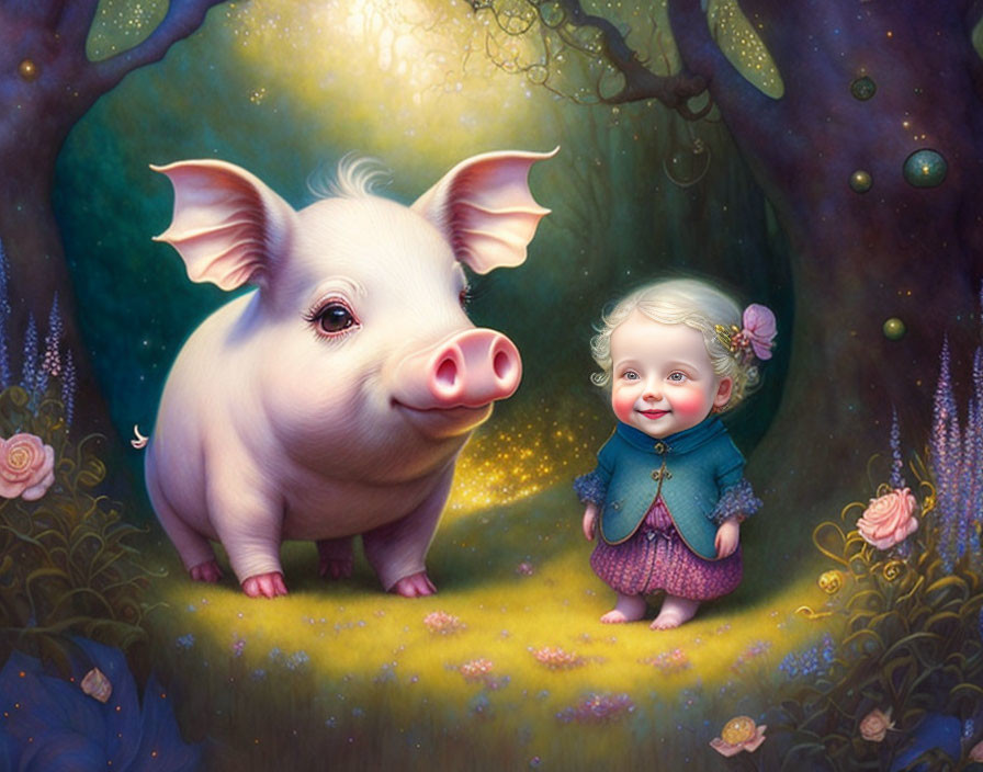 Smiling piglet and child in floral landscape with ethereal backdrop