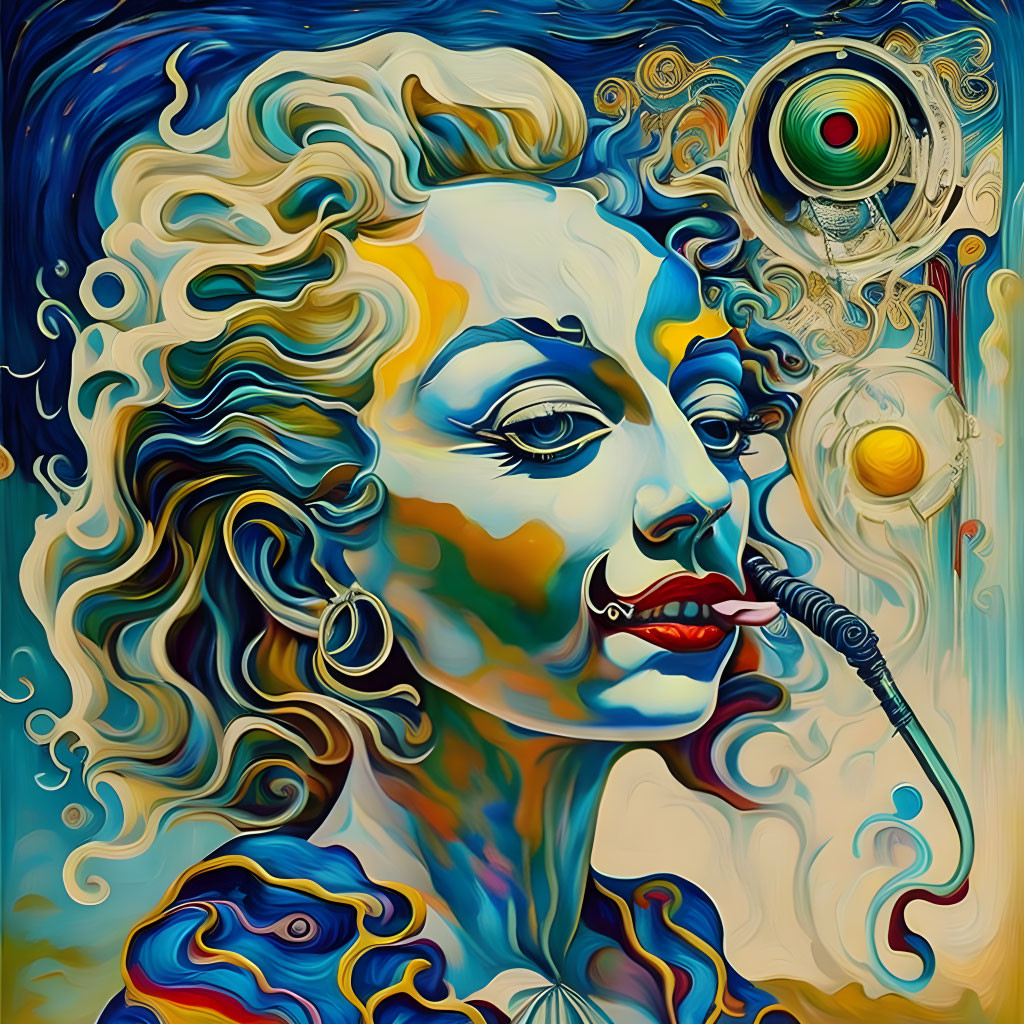 Colorful artwork featuring stylized woman with swirling hair and whimsical eye