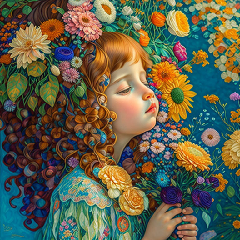 Curly-Haired Girl Among Colorful Flowers with Serene Expression