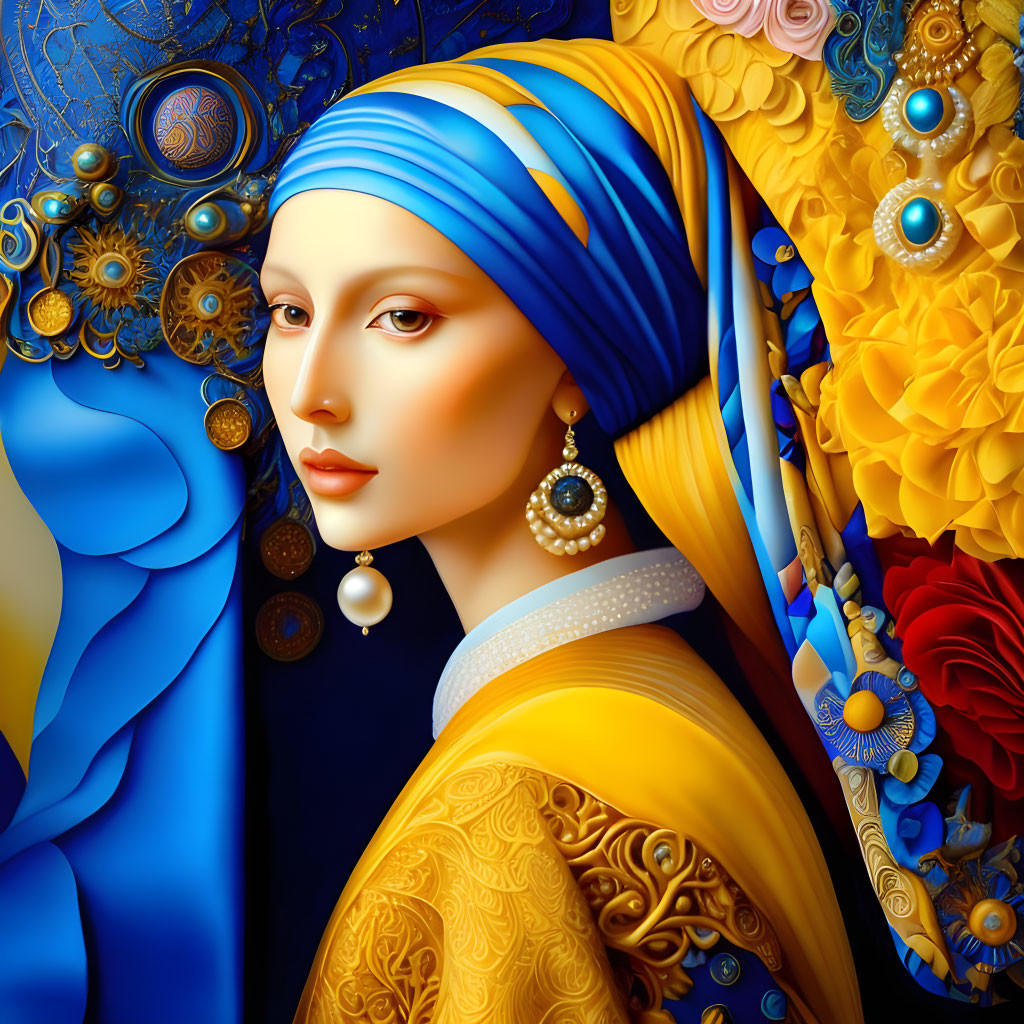 Colorful digital artwork of woman in blue headscarf and intricate golden-yellow garment with floral and geometric