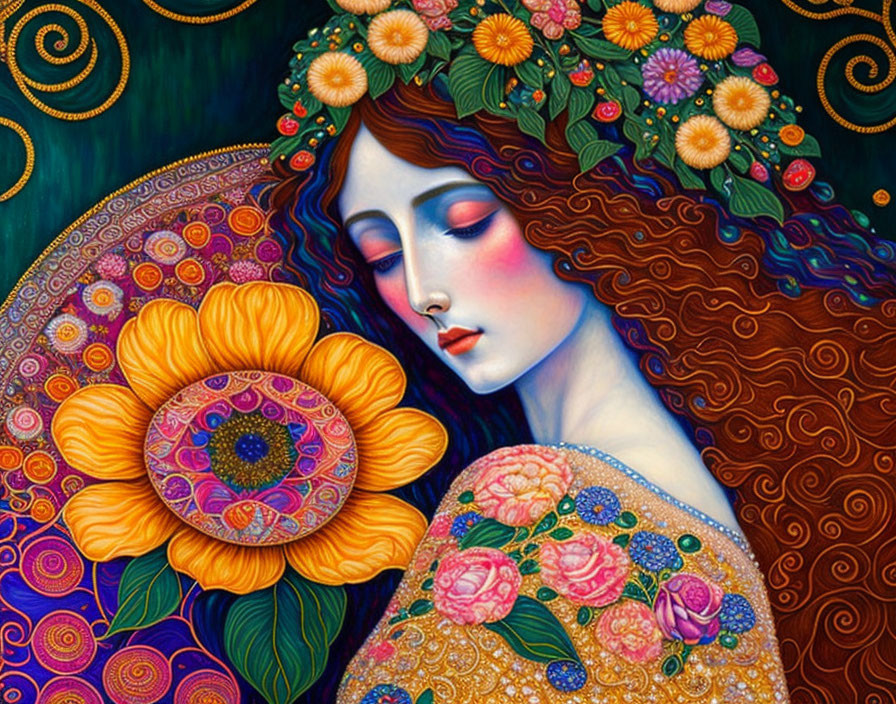 Colorful artwork of woman with floral crown and bright flower, intricate patterns.