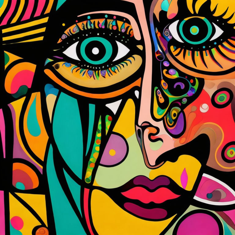 Vibrant abstract art with bold facial features and colorful patterns