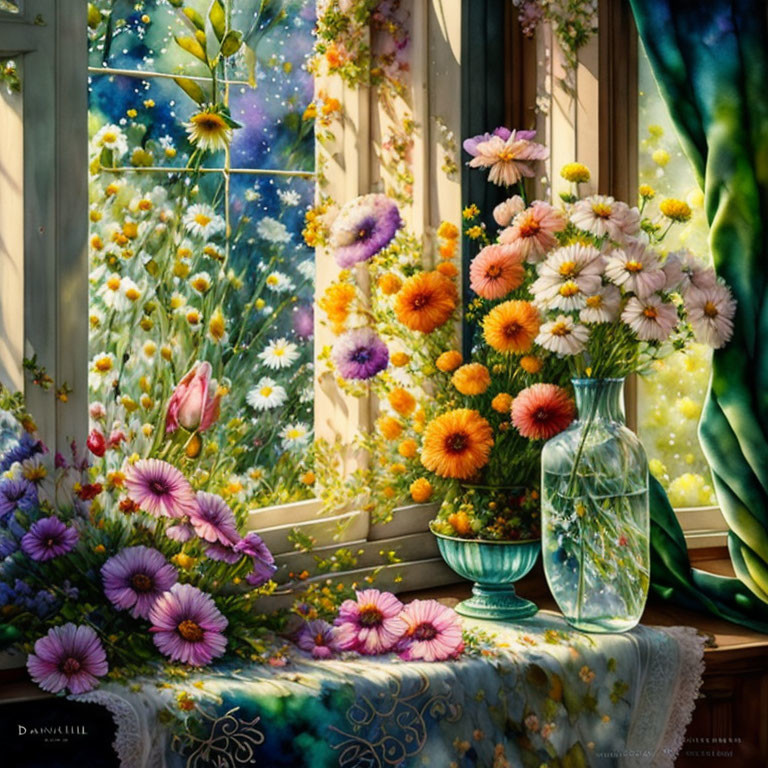 Colorful Flower Garden Painting with Open Window and Sunlight