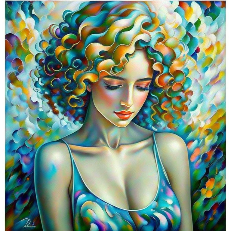 Vibrant painting of a woman with curly hair and closed eyes