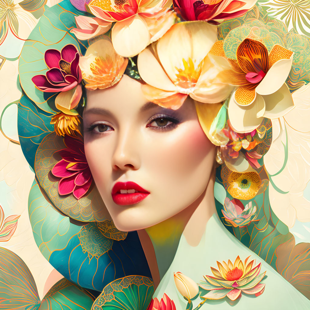 Colorful woman with flower hair in spring-themed digital art