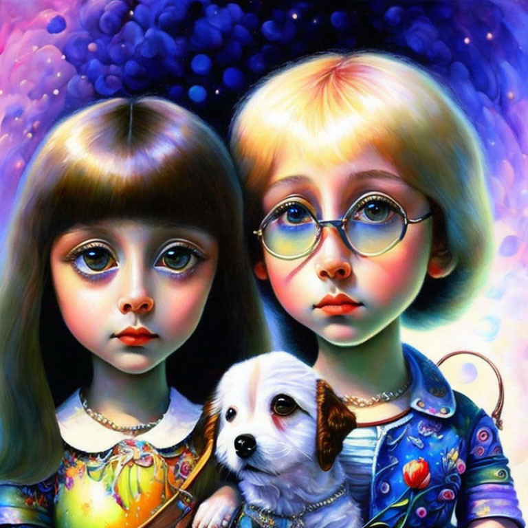 Stylized children with large eyes and a small dog in vibrant, dreamlike setting