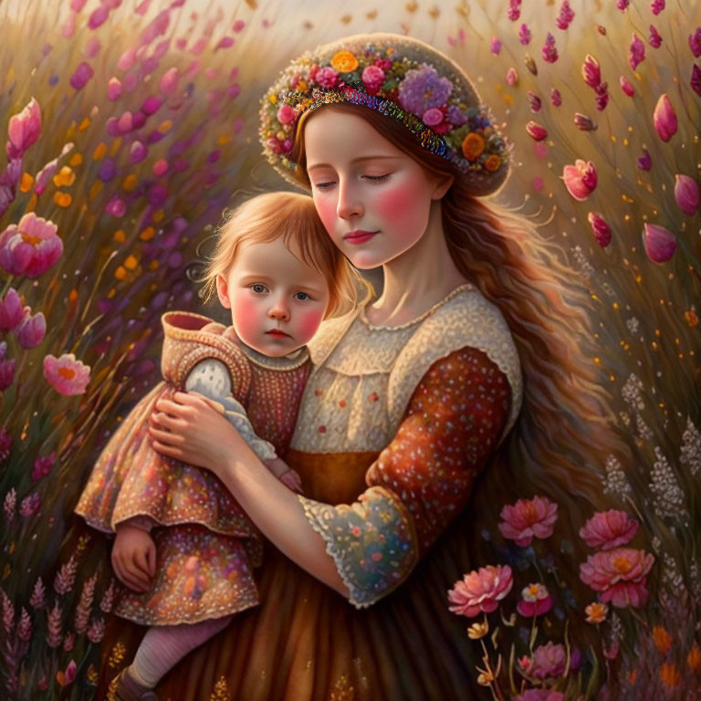 Digital painting of young woman and child in flower field with floral crowns