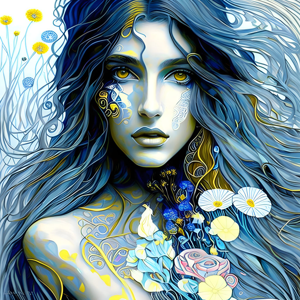 Digital Artwork: Woman with Blue Hair and Floral Patterns