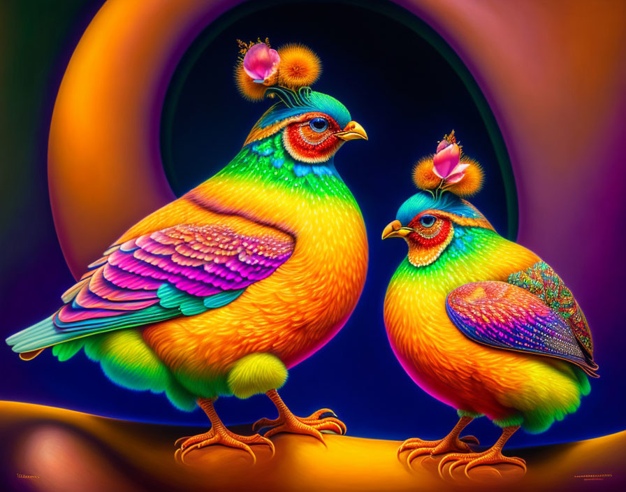 Colorful Fantasy Illustration: Rainbow Birds on Warm Background