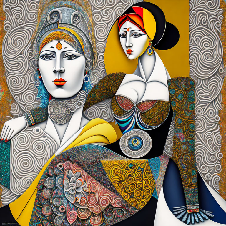 Vibrant painting of two female figures with intricate patterns and ornate jewelry