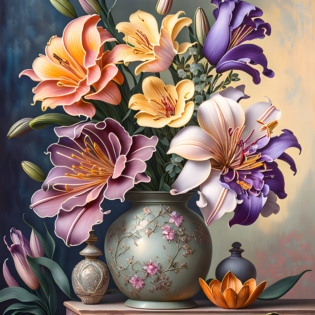 Colorful Oversized Lilies Bouquet in Orange, Yellow, and Purple from Ornate Vase