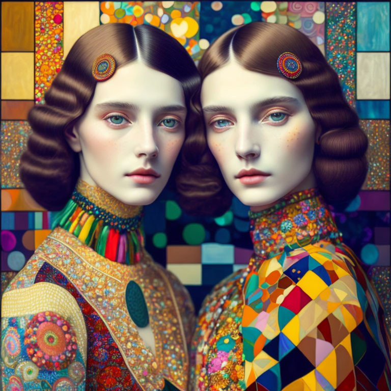 Identical female figures with stylized hair in mosaic-patterned garments on colorful geometric backdrop