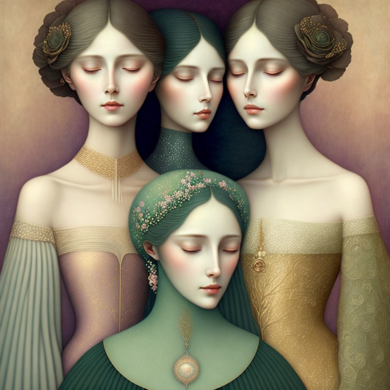 Ethereal women in vintage attire with intricate hairpieces