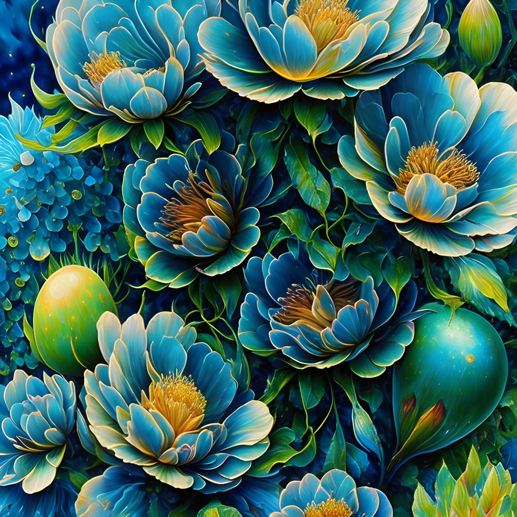 Colorful digital artwork: blue and teal flowers with golden centers, green foliage, speckled orbs