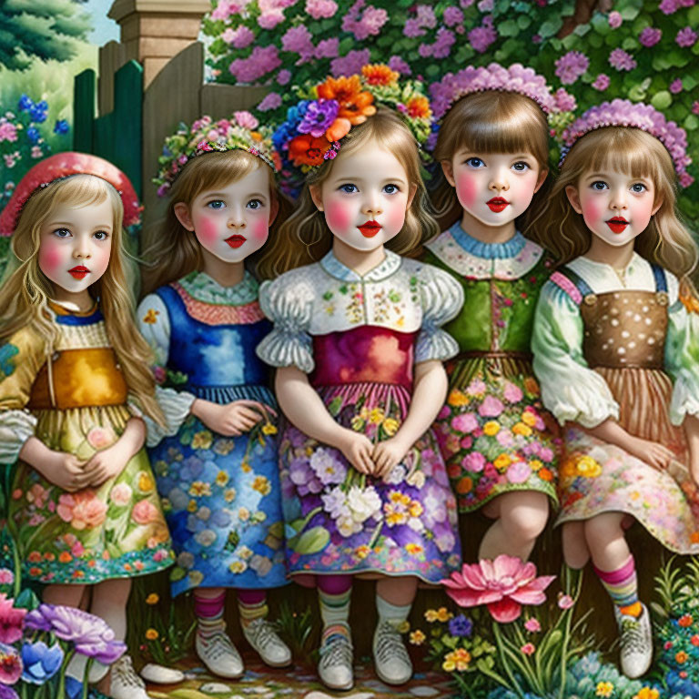 Five animated girls in colorful dresses with large eyes, standing by garden fence