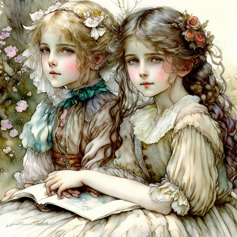 Illustrated Girls in Vintage Attire with Ethereal Features and Flowers