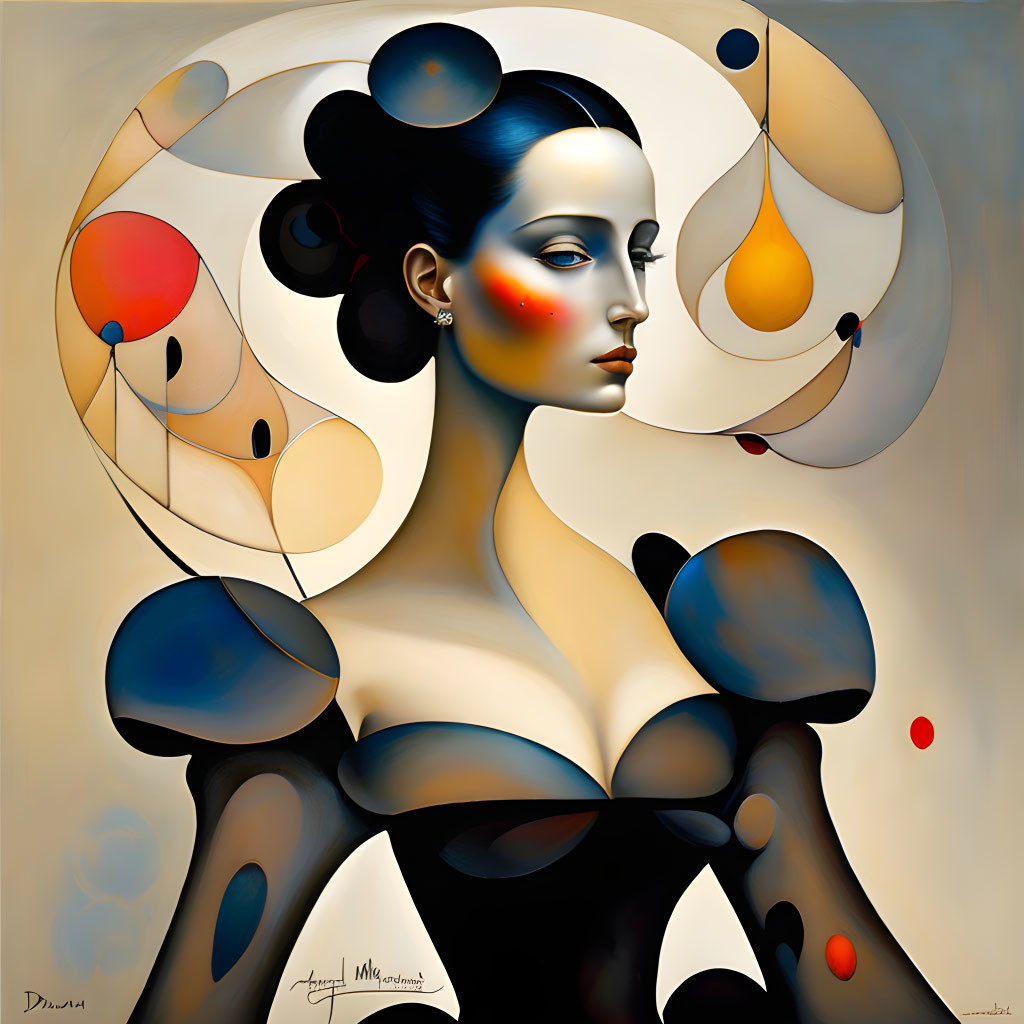 Abstract surreal portrait of a woman with stylized features and vivid colors on a soft background