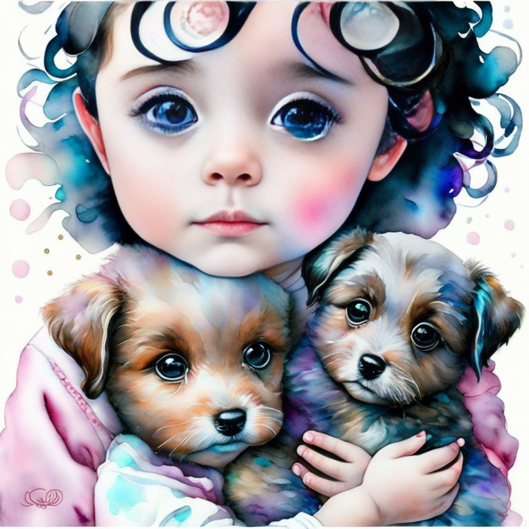 Vibrant illustration: young girl with puppies in pastel backdrop