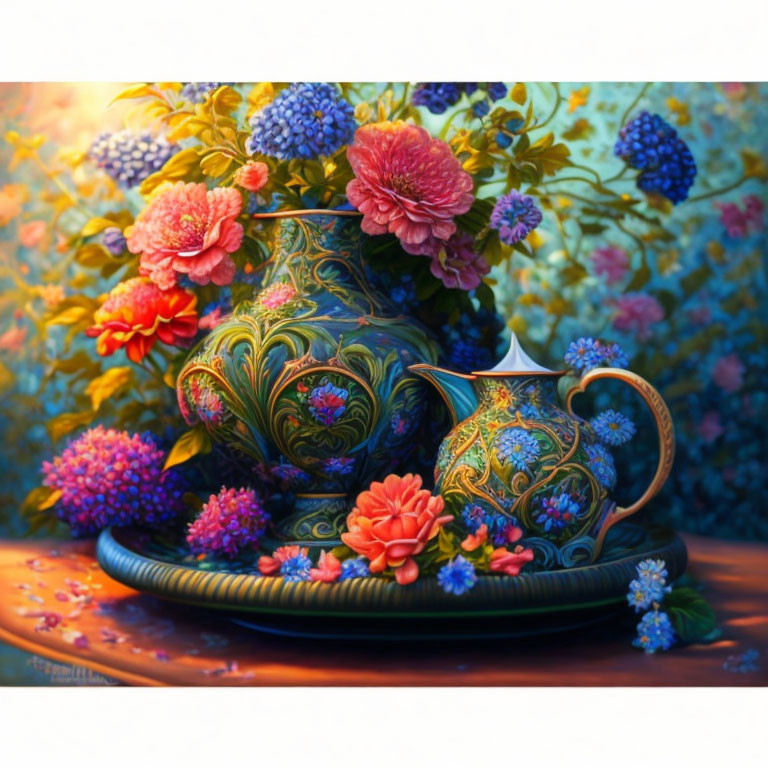 Intricate design ornate teapot with colorful flowers