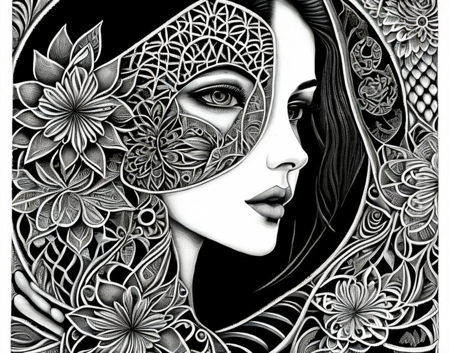 Monochromatic artwork of woman with floral veil, intricate designs & captivating gaze