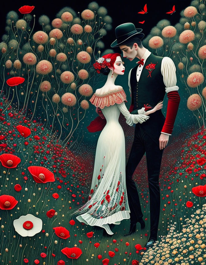 Illustration of couple embracing in surreal poppy field